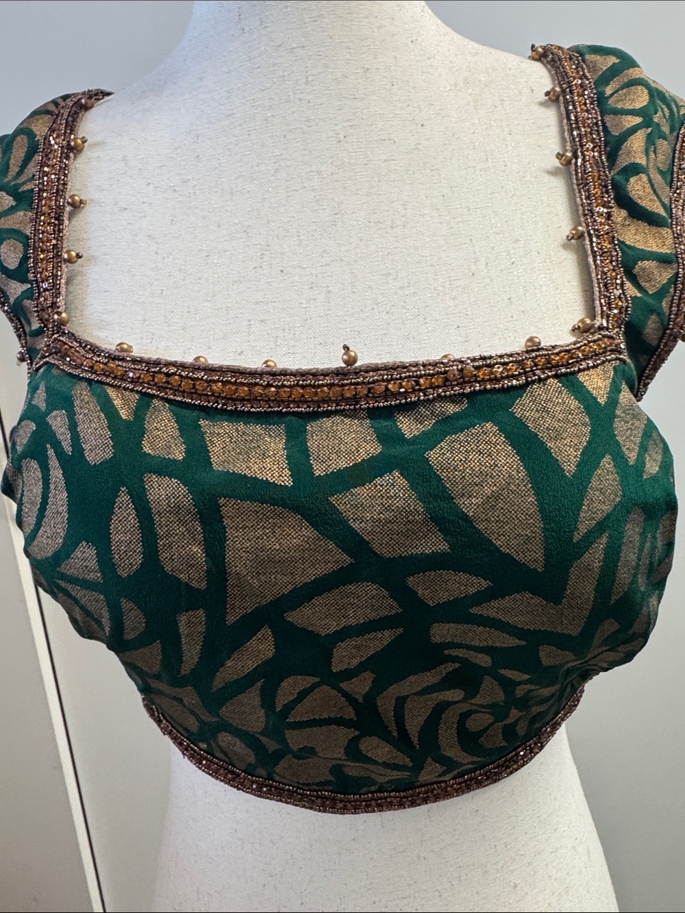 Embellished Green & Gold Square-Neck Women’s Top